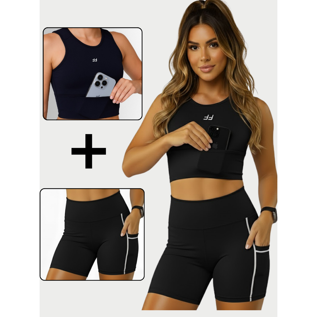 Conjunto Fitness Feminino Top Com Bolso e Short Cós Alto Com Bolso e Compressão CrossFit Academia