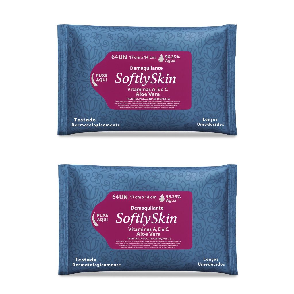 128Un Lenço Demaquilante Vitamina Umedecido Softly Skin  – 2 pacotes com 64 - 128 Unidades
