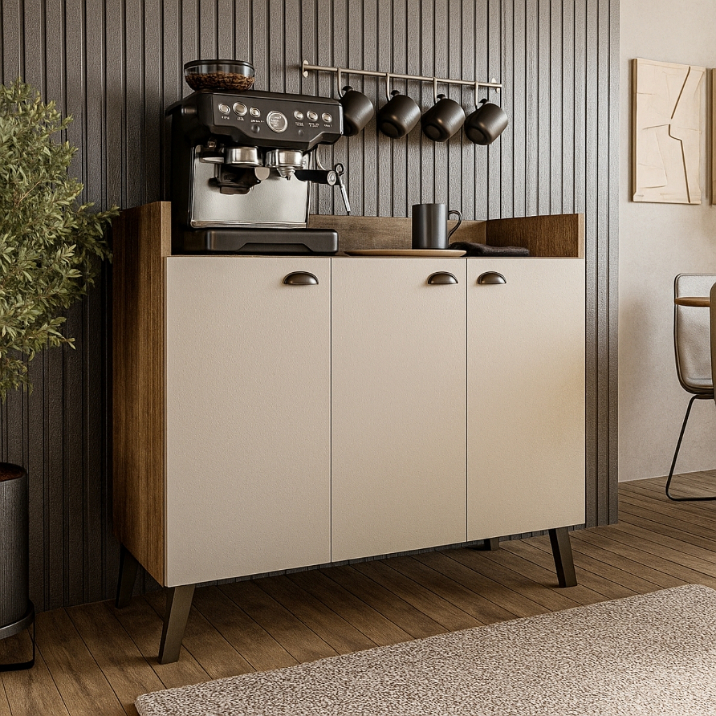 Aparador Buffet Ayla Madeira OffWhite 3 Portas Sala de Jantar Luxo Moderno Cantinho Café