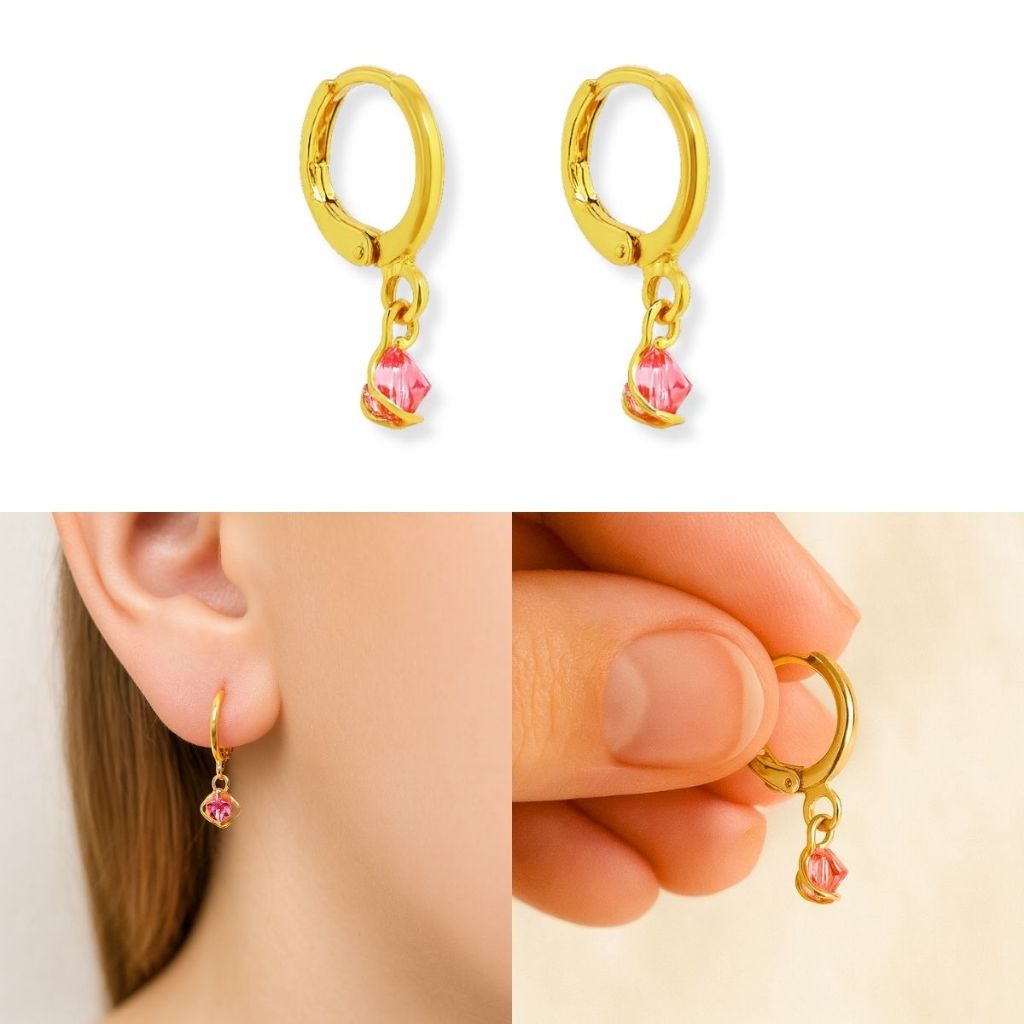 Brinco de Argola com Cristal Aro na cor Rosa Banhado a Ouro Semijoia de Qualidade com Garantia