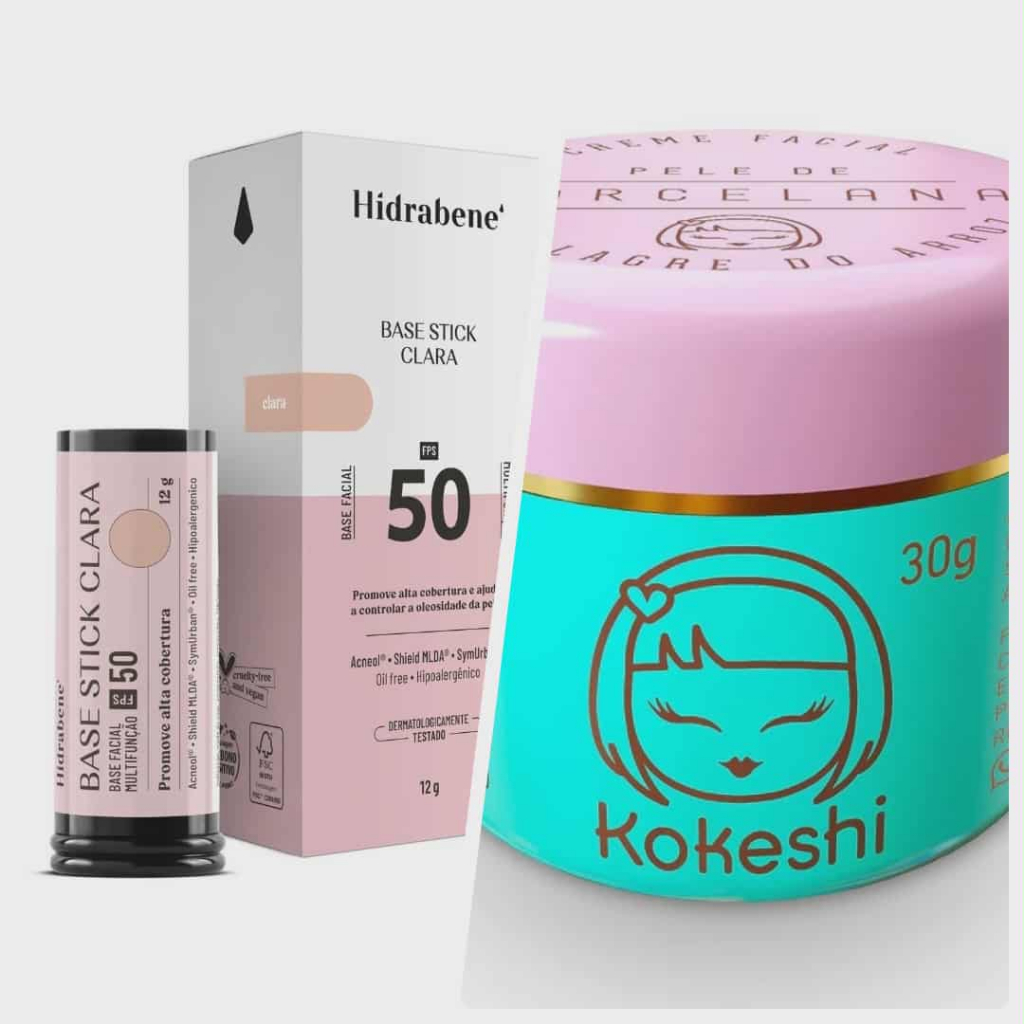 Kit Base Facial Stick Com Protetor Solar Fps 50 Hidrabene Clara + Hidratante Facial Pele de Porcelana - Kokeshi