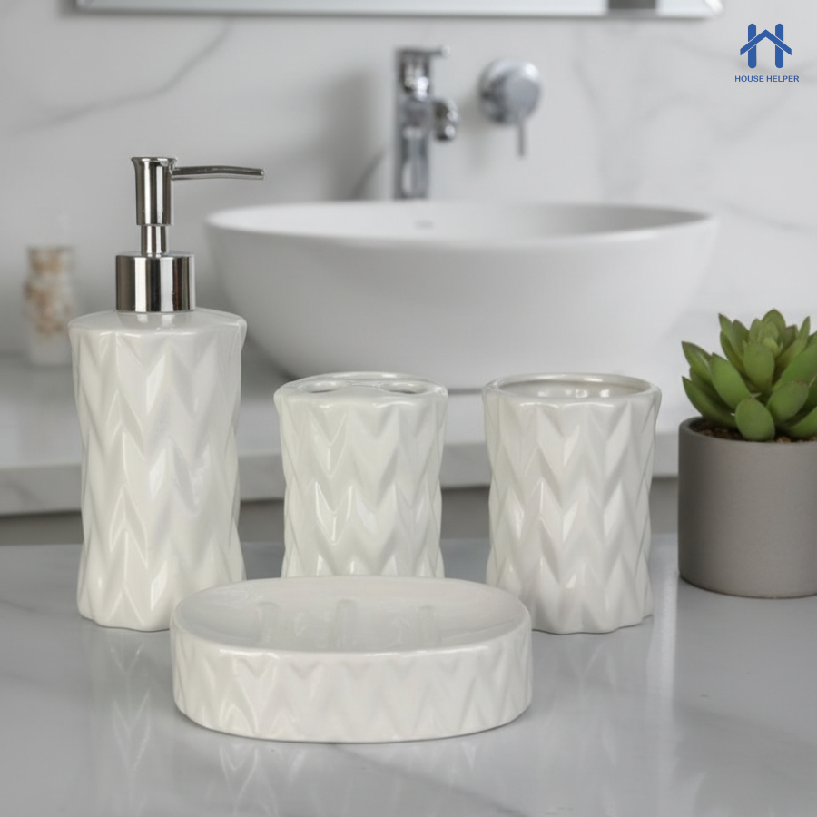 Kit de Banheiro Cerâmica (335) 4 Peças Porta Sabonete Líquido/Saboneteira/Porta Escova/Porta algodão
