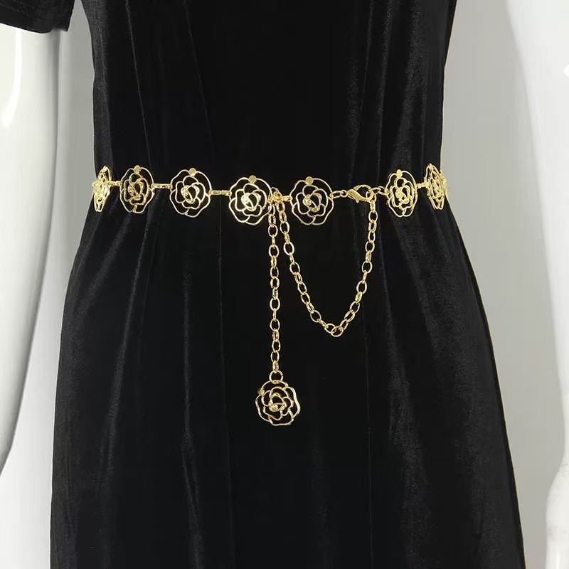Corrente Moda Rosa Vazada Cinto Dourado Prata Estiloso Acessório Feminino Moda Influencer