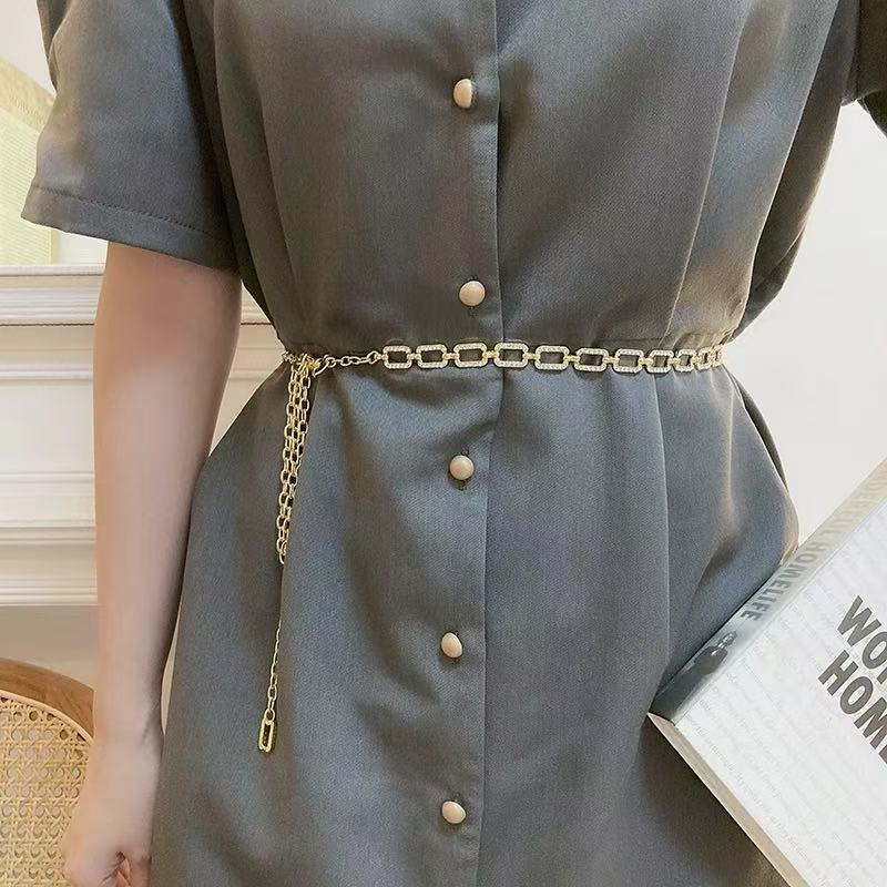 Corrente Moda Retangula Cinto Dourado Prata Estiloso Acessório Feminino Moda Influencer