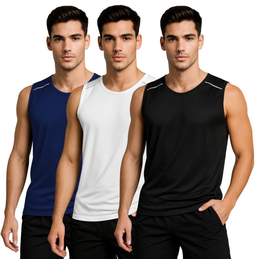 Kit 3 Camisetas Regata Masculinas Dry Fit – Elanca Premium, Modelos Sortidos