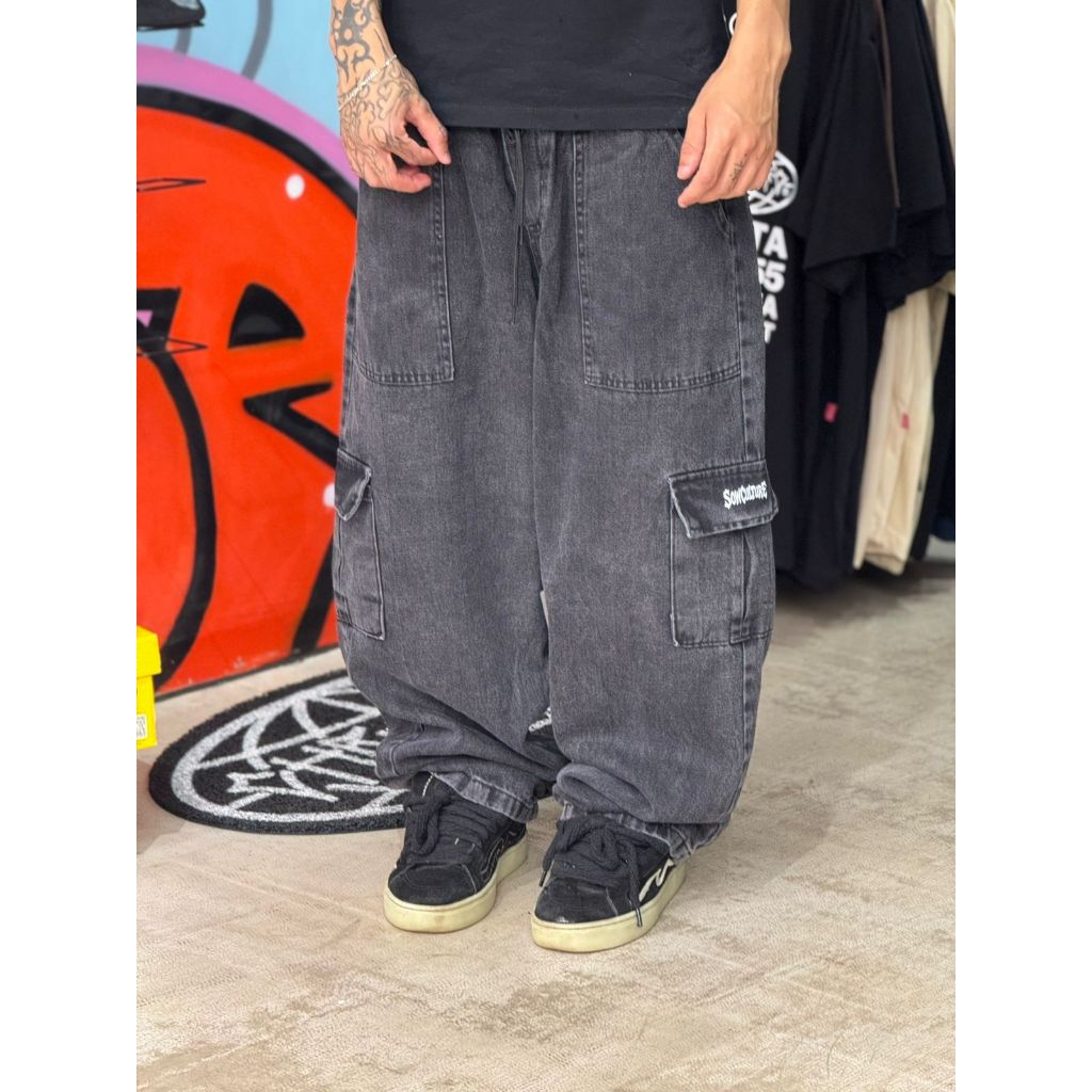 Calça cargo marmorizado grafite estonado baggy larga cinza bolso quadrado sow premium promocao