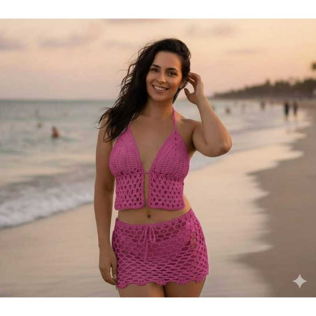 Conjunto de Crochê Feito à Mão – Top e Saia Artesanal para Praia, Verão e Férias