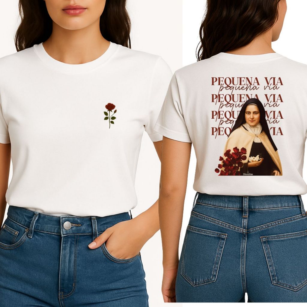 Camiseta Feminina Estampa Católica Fé Santa Teresinha Estilosa Básica em Oferta na Shopee