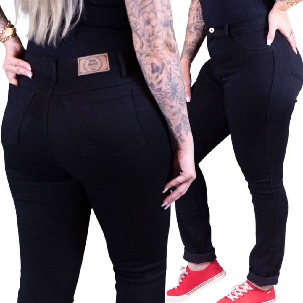 Calça Jeans Feminina Cós Alto Empina Bumbum Cintura Alta Reforçada Com Elastano Premium Preta em Oferta na Shopee