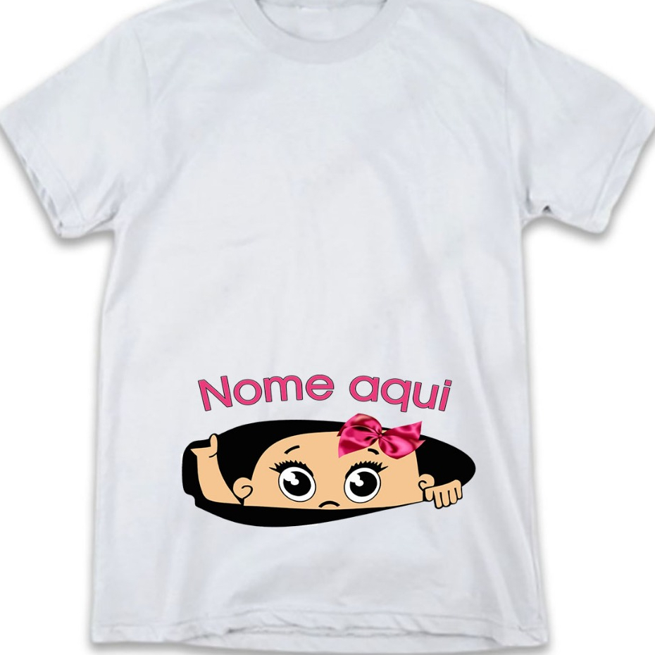 Camiseta Gestante Bebê Espiando Personalizada Camisa Grávida Informe Nome no Chat