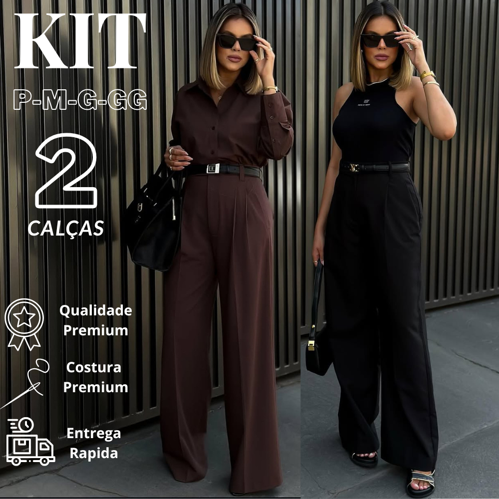 Kit 2 Calça Pantalona Alfaiataria PREMIUM Cintura Alta Com Bolso PROMOÇÃO MARROM