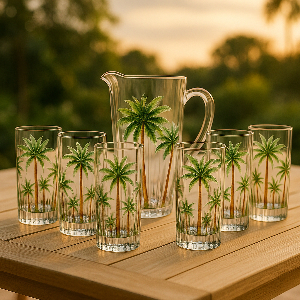 Jarra com 6 Copos Wolff Palm Tree em Cristal Handpaint Conjunto Premium