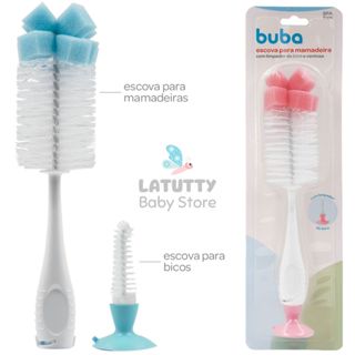 Escova de Mamadeira e Bico Buba com Ventosa e Esponja Azul Rosa Cinza em Oferta na Shopee