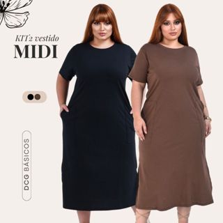 Kit C/ 02 Vestidos Femininos Gola Redonda Casual Com Bolso e Fenda Lateral M ao G3 em Oferta na Shopee