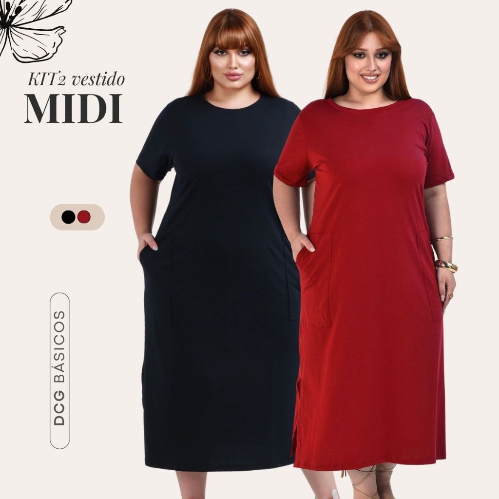 Kit 2 Vestidos Femininos Plus Size Midi Moda Evangélica com Bolso Manga Curta