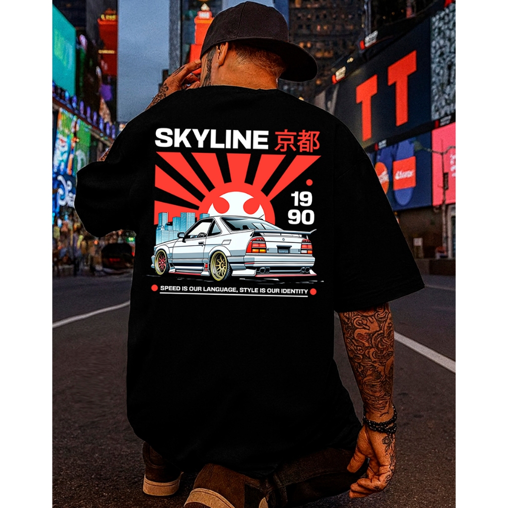 Camiseta Streetwear Masculina Oversized Skyline Estampada Frente e Costas Algodão Penteado Premium