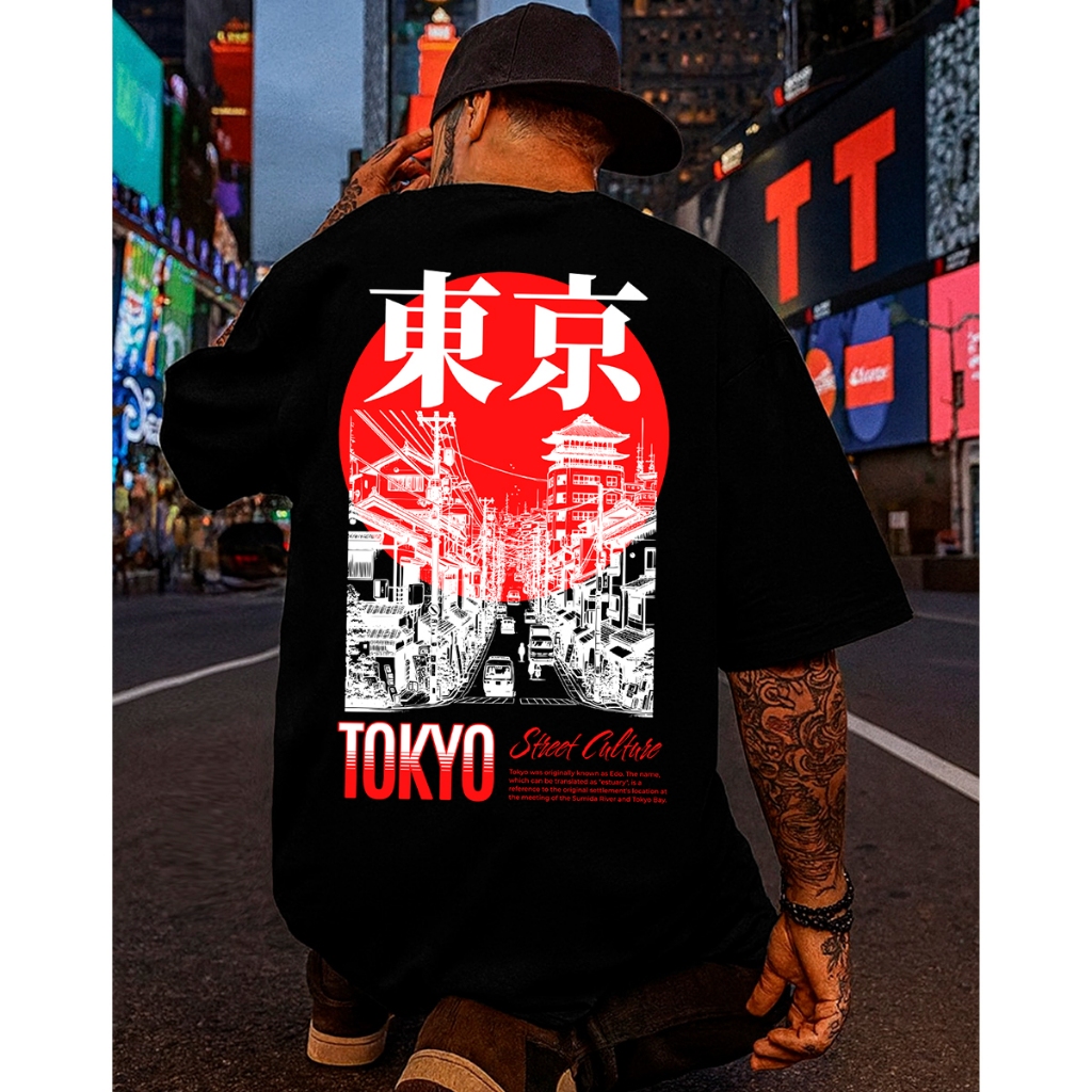 Camiseta Streetwear Masculina Oversized Tokyo Street Culture Estampada Frente e Costas Algodão em Oferta na Shopee