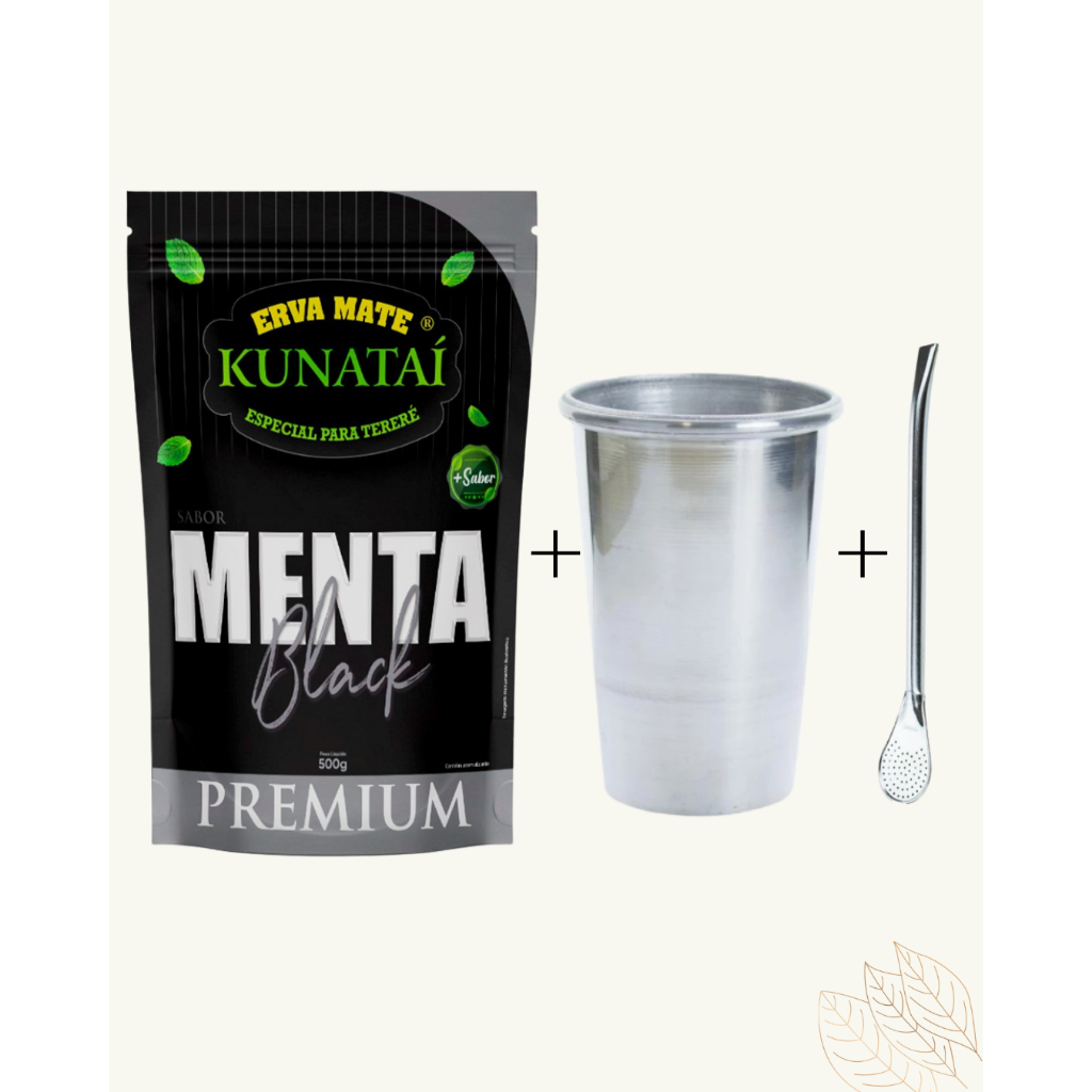 Kit Erva-mate Tereré Menta Black Premium I Kunataí Premium 500g + Copo com tampa + Bomba
