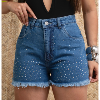 Short Jeans Feminino Com Brilho Barra Desfiada em Oferta na Shopee