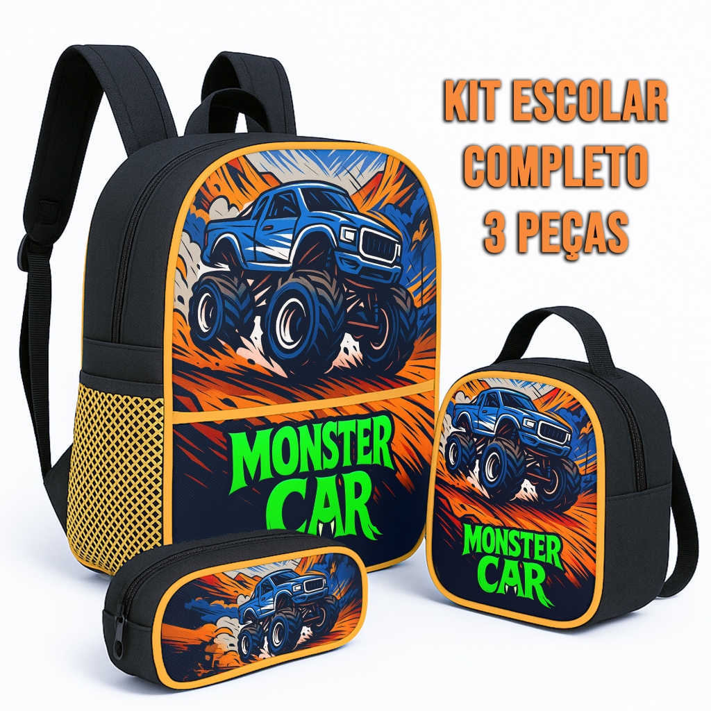 Kit  Mochila Infantil Pequena de Costa Carro Corrida Monster Car - Estojo Simples + Lancheira Térmica Volta às Aulas