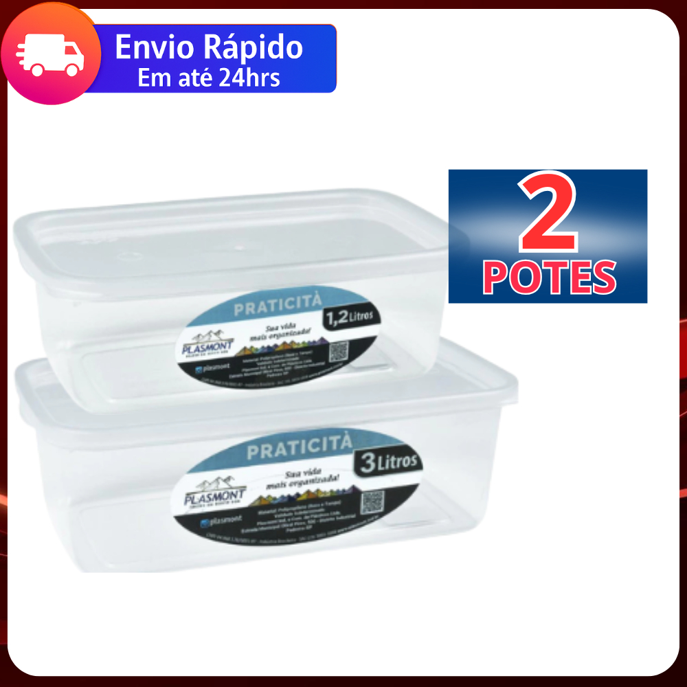 Kit 2 Potes PRESIDIO Transparente 1,2 L E 3,0 L Retangular em Oferta na Shopee