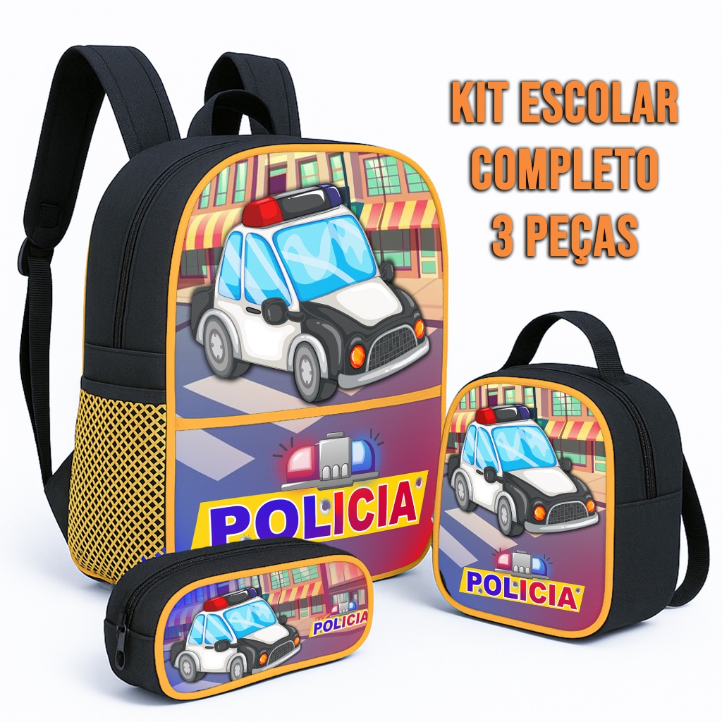 Mochila Escolar Infantil Tema Carro de Polícia – Kit com Estojo 1 Zíper e Lancheira Térmica para Menino