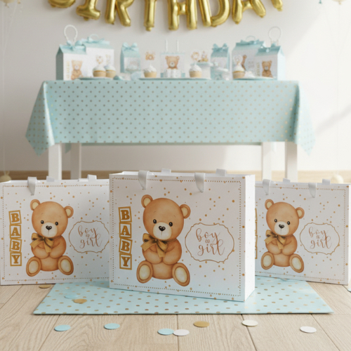 Sacola Chá Revelação Ursinho Dourado - Festa Infantil Personalizada - PEGUE E MONTE