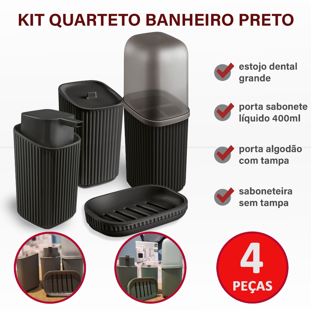 Kit Banheiro 4 Pçs: Escova c/ Tampa, Dispenser Sabonete, Saboneteira, Porta Algodão | Cores Variadas