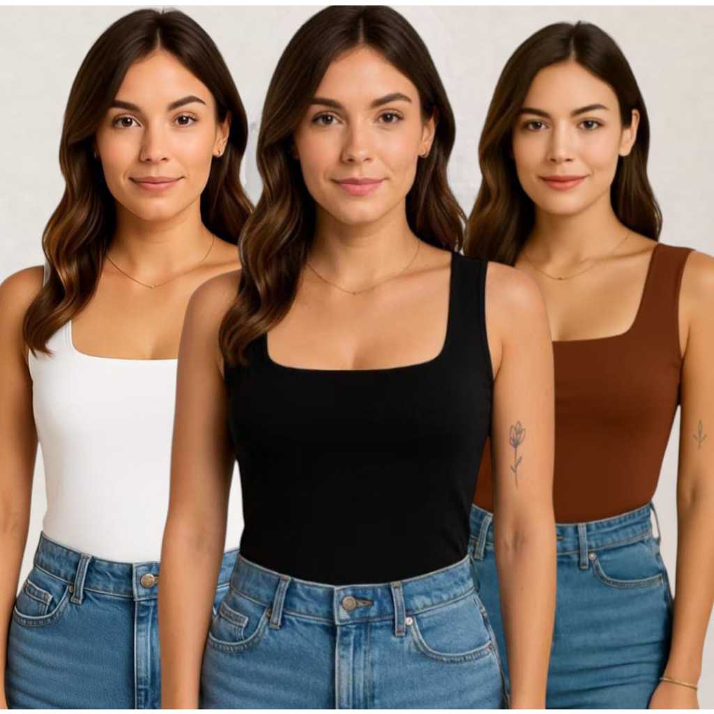 Kit 3 Blusinha Regata Feminina Decote Quadrado em Oferta na Shopee