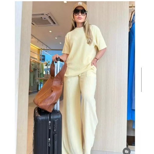 Conjunto Feminino Calça Pantalona com Blusa feminina Manga Curta Anarruga Elegante Estiloso Confortave Aerolook