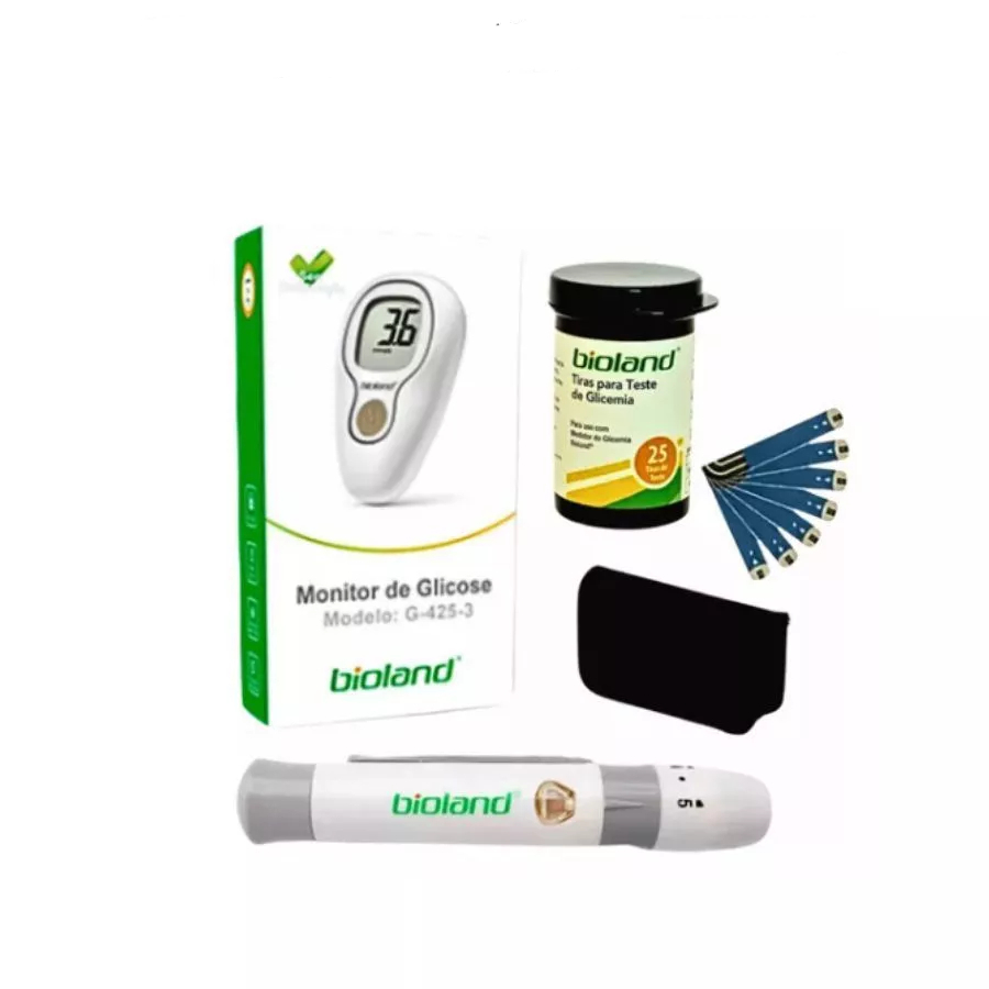 50 fitas Bioland ou KIT Aparelho Medir Diabetes Bioland G-425-3 Glicose 25 Tiras 25 Lancetas e Lancetador  Completo