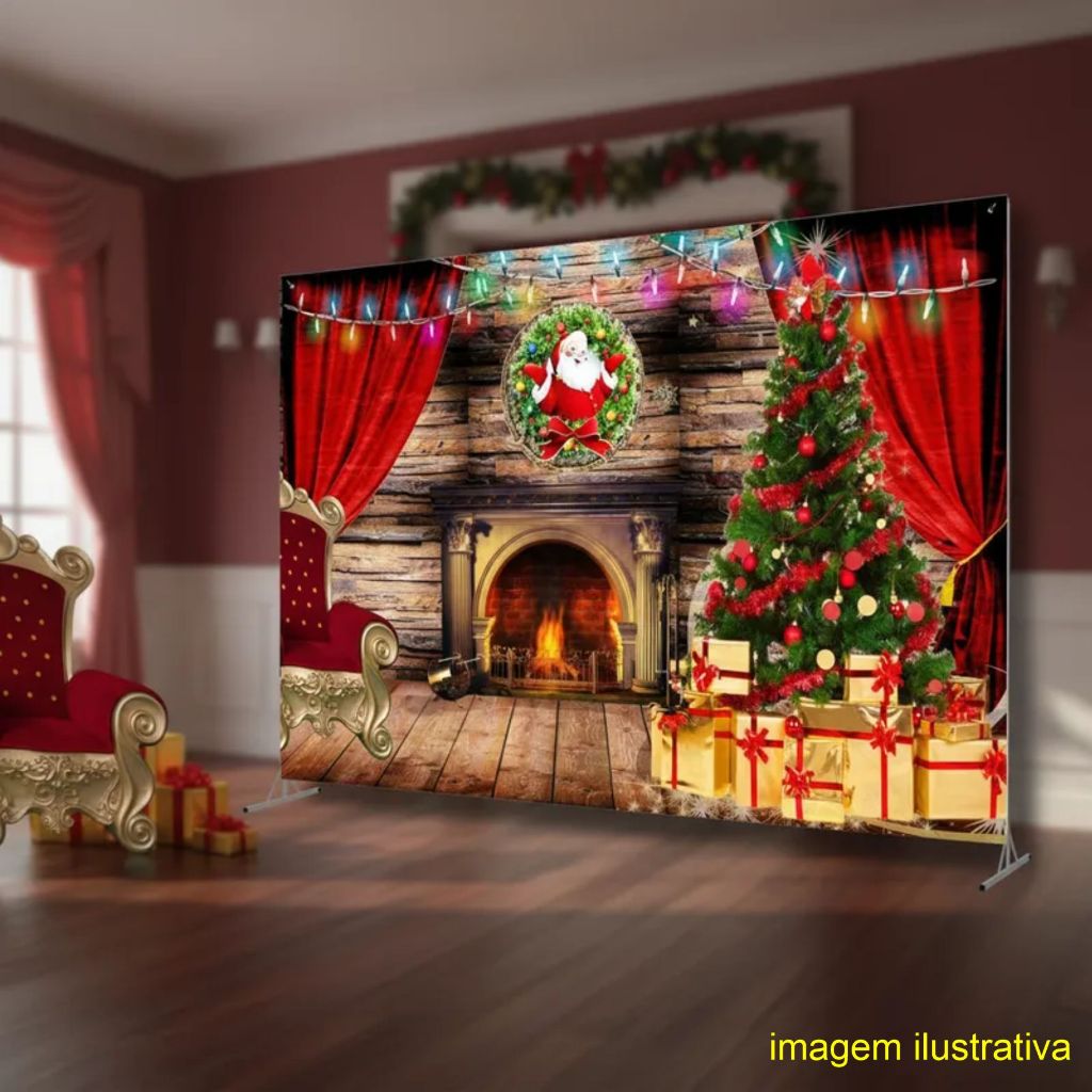 Painel GRANDE Lona Lareira Natal Fundo Fotográfico Família Decorar