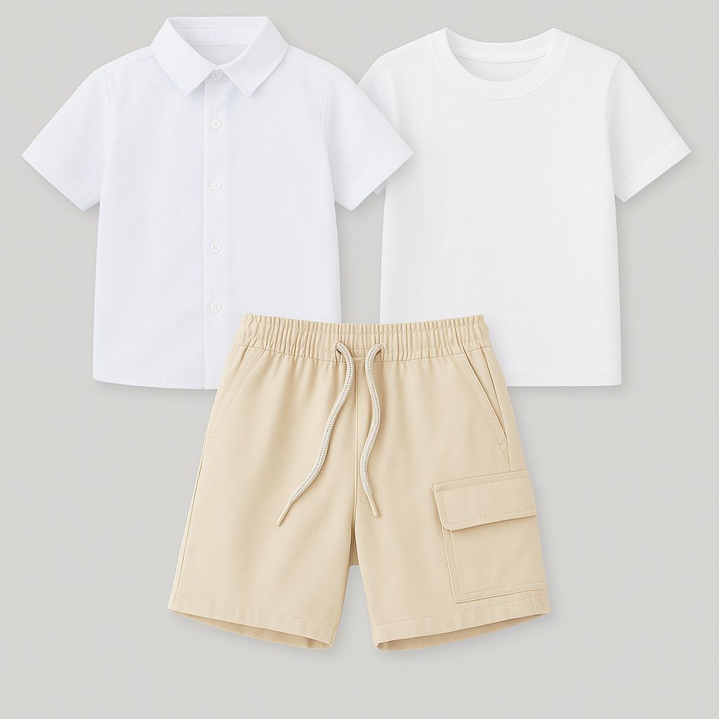 Kit Com 3 Peças Infantil Menino Bermuda Short Com Camisa Social E Camisa Básica