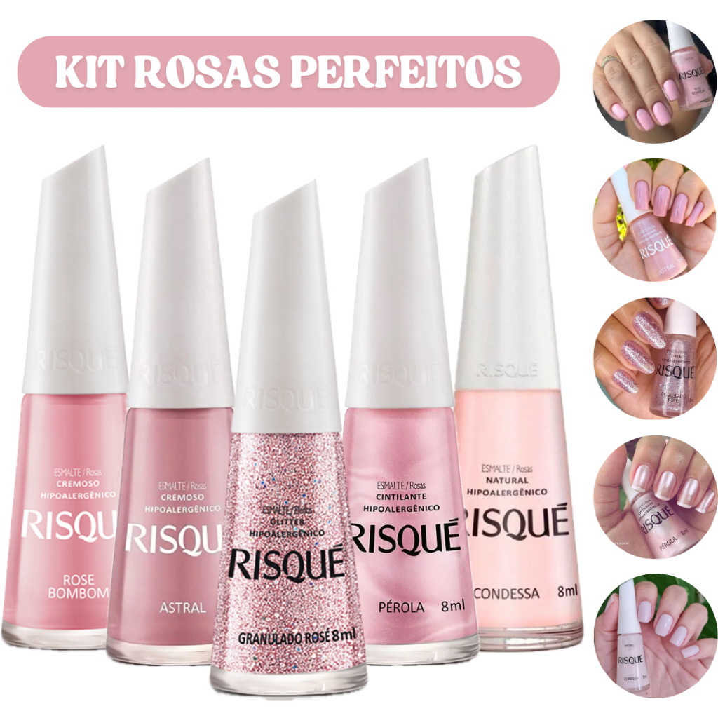 Kit 5 Esmaltes De Unha Rosas Perfeitos 8ml RISQUÉ em Oferta na Shopee