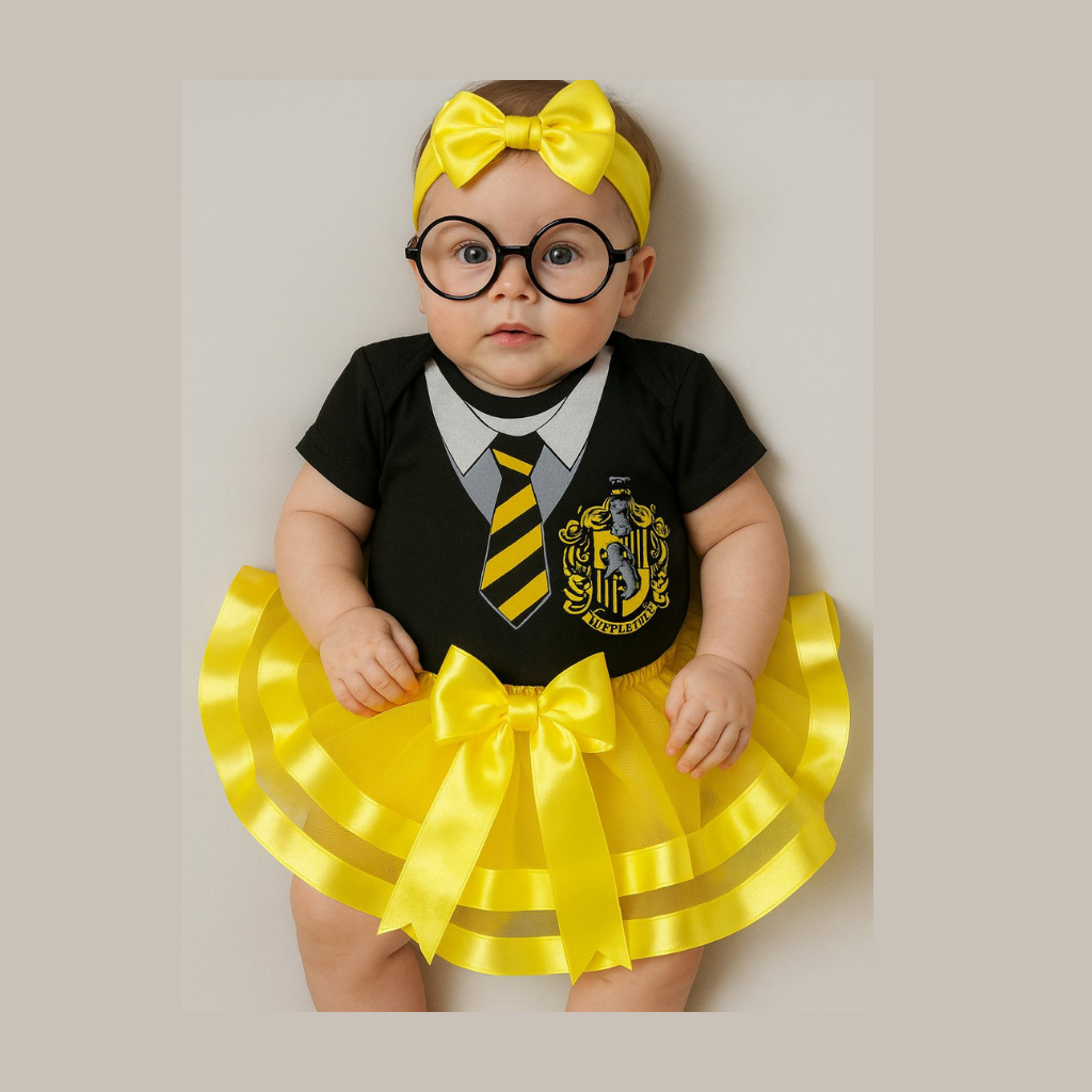 Body Bebê Fantasia Harry Potter Casas de Howgarts Kit 4 Peças Lufa Lufa Mesversário Unissex