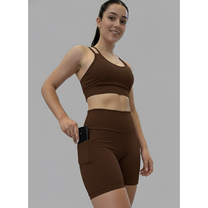 Conjunto fitness poliamida top alça dupla bojo removível + short bolso lateral cós alto 0 transparência