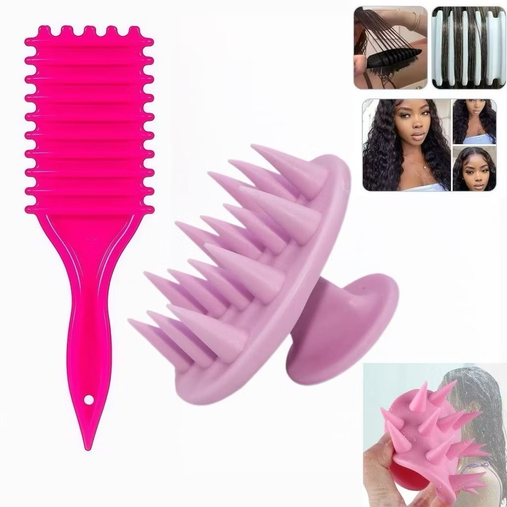 Kit Escova de Ondulação e Definição de Cachos + Massageador de Couro Cabeludo em Silicone em Oferta na Shopee