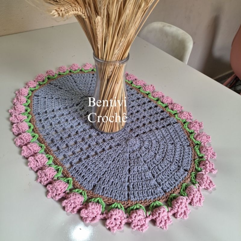 Centro de Mesa bandeja oval 54x38cm em crochê Tulipas Decoração de Mesa fios de barbante algodão