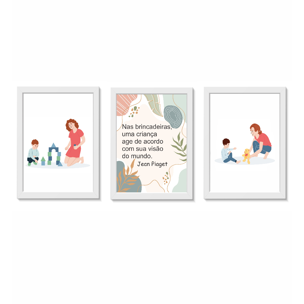 Kit 3 Quadros Decorativos Consultório Psicologia Infantil Psicanálise Ludoterapia Molduras 20x30cm Madeira