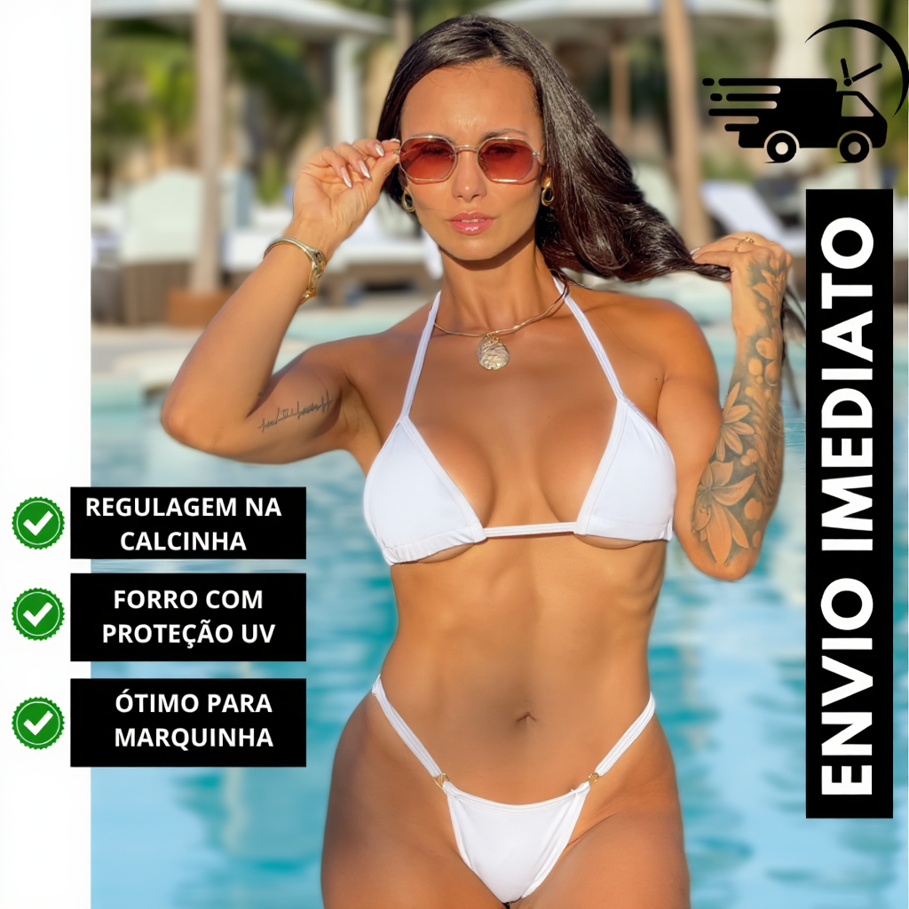 Biquíni Fita Fio Bronze Feminino Bojo Removível, Calcinha Ajustável, Cores Preto Marro Branco praia
