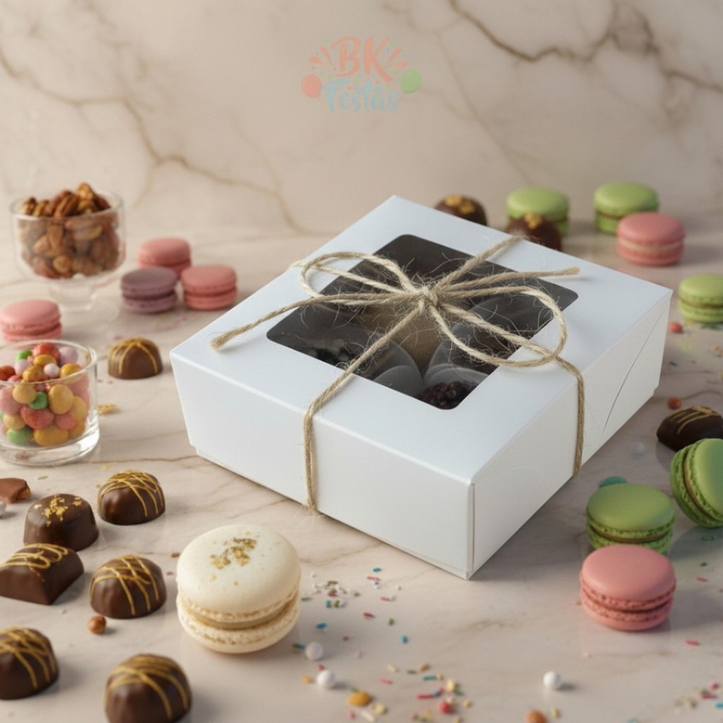 CAIXA DE DOCE C/ 10 UN. TAM P com visor + FORMINHAS - 4 DOCINHOS - EMBALAGEM P/ DOCES, LEMBRANCINHAS, VARIAS UTILIDADES
