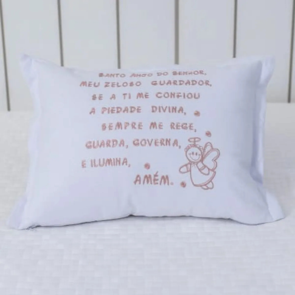 Almofada Decorativa Infantil Santo Anjo - Bordado Cor Rosê - Quarto Bebê - Oração Anjo da Guarda - Almofada Bordada