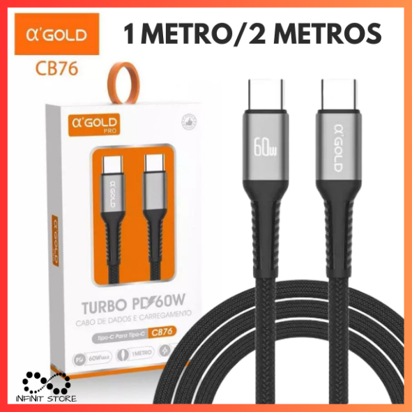 Cabo Carregador USB-C + Tipo-C/Lightning Turbo 30W/60W 1M/2M Para iOS E Android A