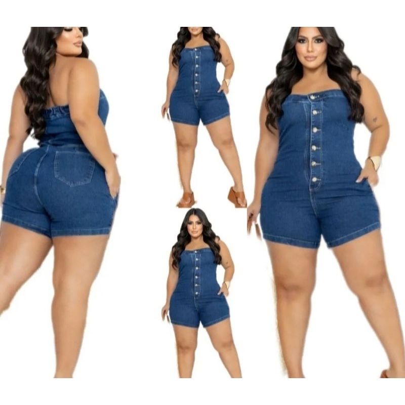 Macacão Jeans Plus Size Tomara que Caia Meia Coxa Macaquinho Plus Size Cós Alto Modeladores Femininos 48*50*53*54*56