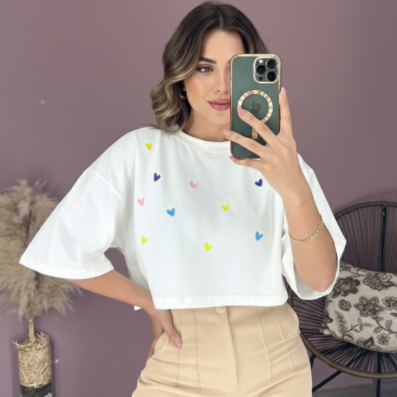 Cropped Oversized Feminino Coracão Bordado Colorido 100% Algodão