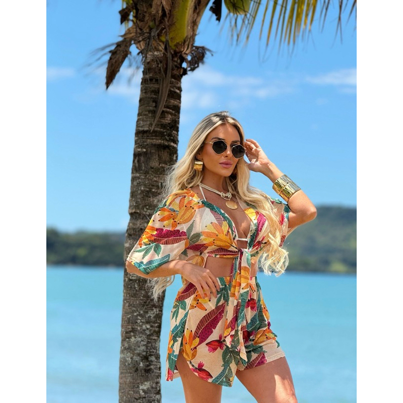 Saída de Praia Conjunto shorts e kimono Tule Feminino elegante floral verão