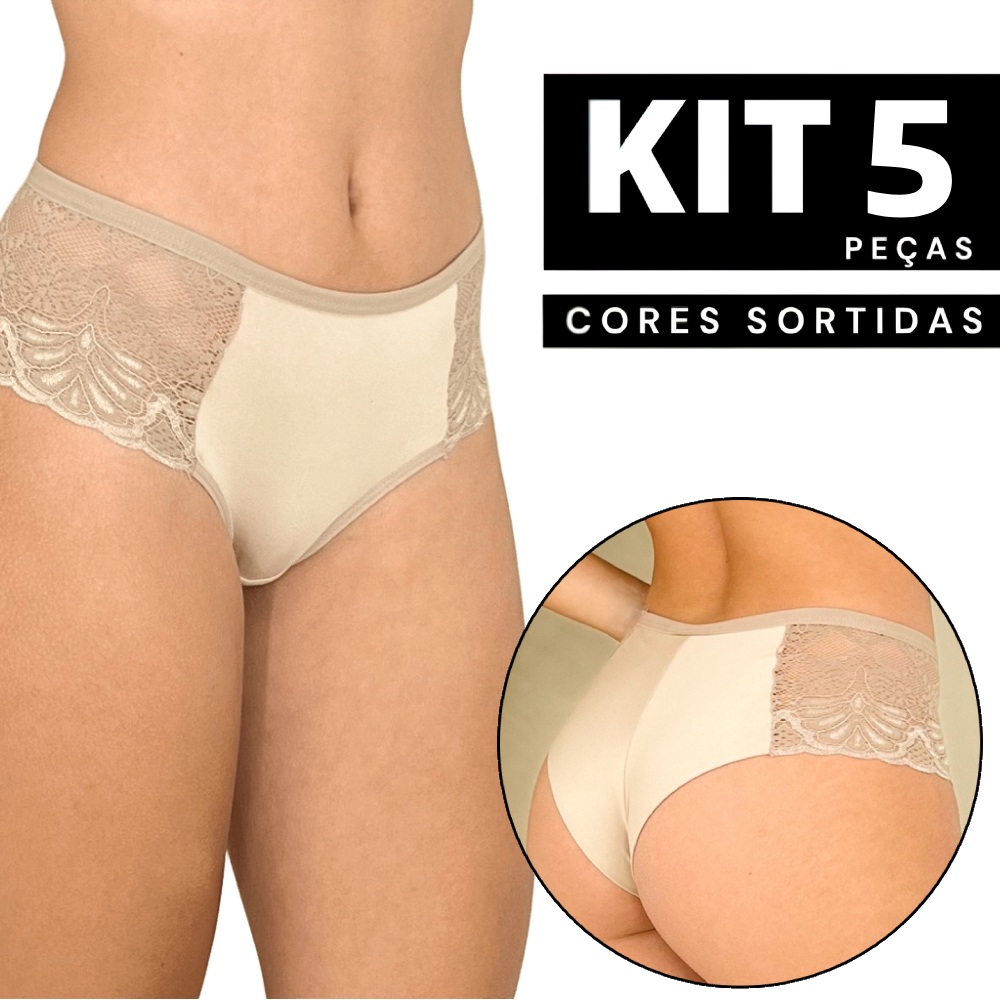 Kit 1 à 5 Calcinha Reforçada com Detalhes em Renda Cós Alto Confortável