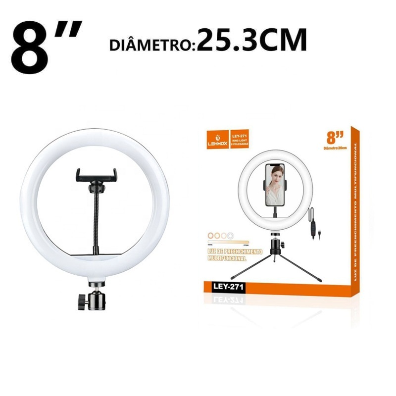 LEHMOX Ring Light Celular Led 25,3cm com Tripé e Suporte LEY-271 8 Polegadas