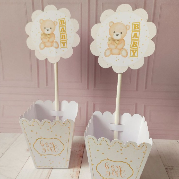 Centro de Mesa Chá Revelação Ursinho Neutro – Pegue e Monte | Decoração Festa Menino ou Menina | Lembrancinha