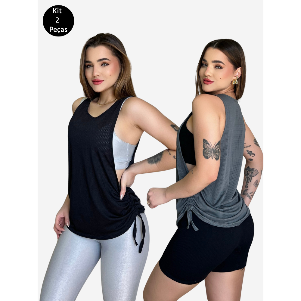 Kit 2 Blusas Dry Fit Feminina Fitness Decote Lateral Tapa Bumbum Top Regata Treino Academia em Oferta na Shopee